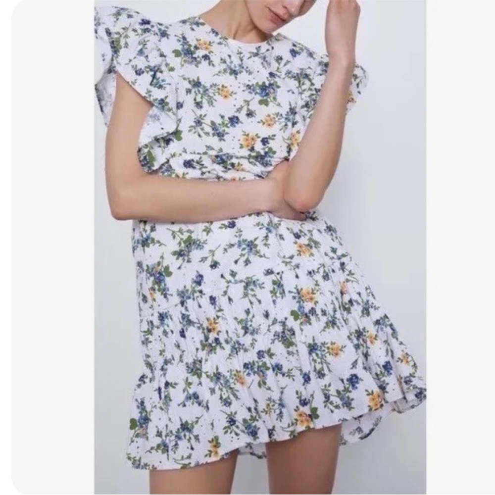 Zara Floral Eyelet Mini Dress Ruffle Sleeves Large White Blue Cottage Coquette